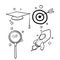 Handdrawn infographic element.arrow dartboard,hat,rocket,magnifying glass symbol for research,process,goal with doodle cartoon