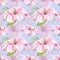Handdrawn lily flowers seamless pattern. Watercolor pink lily on the light blue background. Scrapbook design, typography poster,