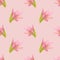 Handdrawn lily seamless pattern. Watercolor pink lily with green leaves on the pink background. Scrapbook design elements.