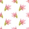 Handdrawn lily seamless pattern. Watercolor pink lily with green leaves on the white background. Scrapbook design elements.