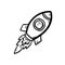 Handdrawn rocket doodle icon. Hand drawn black sketch. Sign symbol. Decoration element. White background. Isolated. Flat design.