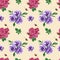 Handdrawn roses and anemons seamless pattern. Watercolor purple and pink flowers composition with green leaves on the cream