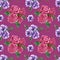 Handdrawn roses and anemons seamless pattern. Watercolor purple and pink flowers composition with green leaves on the lilac