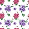 Handdrawn roses and anemons seamless pattern. Watercolor purple and pink flowers composition with green leaves on the white