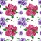 Handdrawn roses and anemons seamless pattern. Watercolor purple and pink flowers composition with green leaves on the white