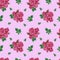 Handdrawn roses seamless pattern. Watercolor pink flowers composition with green leaves on the dark pink background. Scrapbook