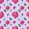 Handdrawn roses seamless pattern. Watercolor pink flowers composition with green leaves on the purple background. Scrapbook design