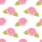 Handdrawn roses seamless pattern. Watercolor pink flowers with green leaves on the cream background. Scrapbook design, typography