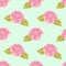 Handdrawn roses seamless pattern. Watercolor pink flowers with green leaves on the mint background. Scrapbook design, typography