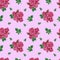 Handdrawn roses seamless pattern. Watercolor red flowers composition with green leaves on the pink background. Scrapbook design,