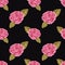 Handdrawn roses seamless pattern. Watercolor red flowers with green leaves on the black background. Scrapbook design, typography