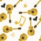 Handdrawn seamless pattern with country music symbols - notes, guitar, stars and elements