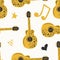 Handdrawn seamless pattern with various country music symbols - notes, guitar, stars and elements