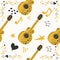 Handdrawn seamless pattern with various country music symbols - notes, guitar, stars and elements