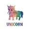 Handdrawn smiling unicorn chibi and word unicorn isolated on the white background. Vector illustration