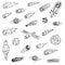 Handdrawn space objects doodles set. Spaceships,comets, planets, satellite, asteroids, cosmos stars. Astronomy sketch style icons