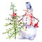 Handdrawn vintage Snowman with firtree, watercolor Christmas illustration isolated on white.