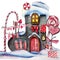 Handdrawn watercolor illustration isolated on white background. St. Valentine`s day felt boot house with lights, hearts