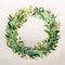 Handdrawn Watercolor Wreath Of Greens And Leaves In Amber And Gold Style