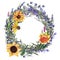 Handdrawn watercolor wreath with lavender, sunflowers and wild herbs. Beautiful illustration isolated on white