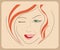 Handdrawn woman face winks with red hair and green