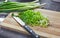 Handful of chopped green onions on striped wooden board