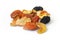 A handful of dried fruits on white background. Dried fruits isolate. Mix of dried fruits.