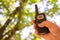 Handheld walkie talkie for outdoor. Walkie talkie in the hands