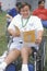 Handicapped Athlete cheering at finish line, Special Olympics, UCLA, CA