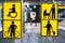 Handicapped, bicycle, stroller and big luggage yellow pictrogram in metro, information in public transport, blurred person in the