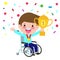 Handicapped boy in a wheelchair holding winner cup and smiling. Happy champion with incapacitation win goblet. vector illustration