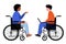 Handicapped girl and guy sitting in a wheelchair. Disabled student holds textbooks on her lap.