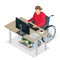 Handicapped man in wheelchair in a office working on a computer. Flat 3d isometric vector illustration.
