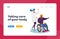 Handicapped People Rehabilitation Landing Page Template. Disabled Character Riding Wheelchair with Doctor Assistance