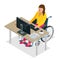 Handicapped woman in wheelchair in a office working on a computer. Flat 3d isometric vector illustration. International