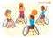 Handisport characters. Boys and girls in wheelchairs playing baysball Handicap First-person view. Medical rehabilitation