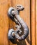 Handle in the shape of a dragon or feline or snake of ancient door of historic building