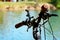 Handlebars of a pedelec with attachments for an action cam in front of the blurred background of a blue water with green shore