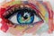 Handmad conceptual abstract picture of the eye. Oil female portrait painting. Painting in colorful colors. Conceptual