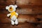 Handmade amigurumi teddy bear on wooden background