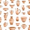 Handmade antique greek pottery seamless pattern. Ancient vases decorated by hellenic ornaments vector flat illustration