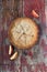 Handmade apple pie on rustic table with apple slices vertical layout