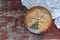 Handmade apple pie on rustic table with white linen