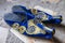 Handmade Arabic style looking colorful shoes in street market bazaar or Suk