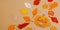 Handmade autumn background. Set of different fall knitted and crocheted fall leaves and wooden pumpkins
