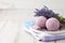 Handmade bath bombs and lavender on white planks