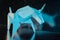 Handmade blue unicorn on shiny background, selective focus