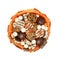 Handmade bouquet of marshmallows in chocolate, marmalade and gozinaki on a white background, top view