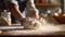 Handmade bread dough on wooden table, preparing fresh baked goodness generated by AI