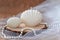 Handmade candles in the shape of a shell. Soy beige candles on wood, tulle and pearl background